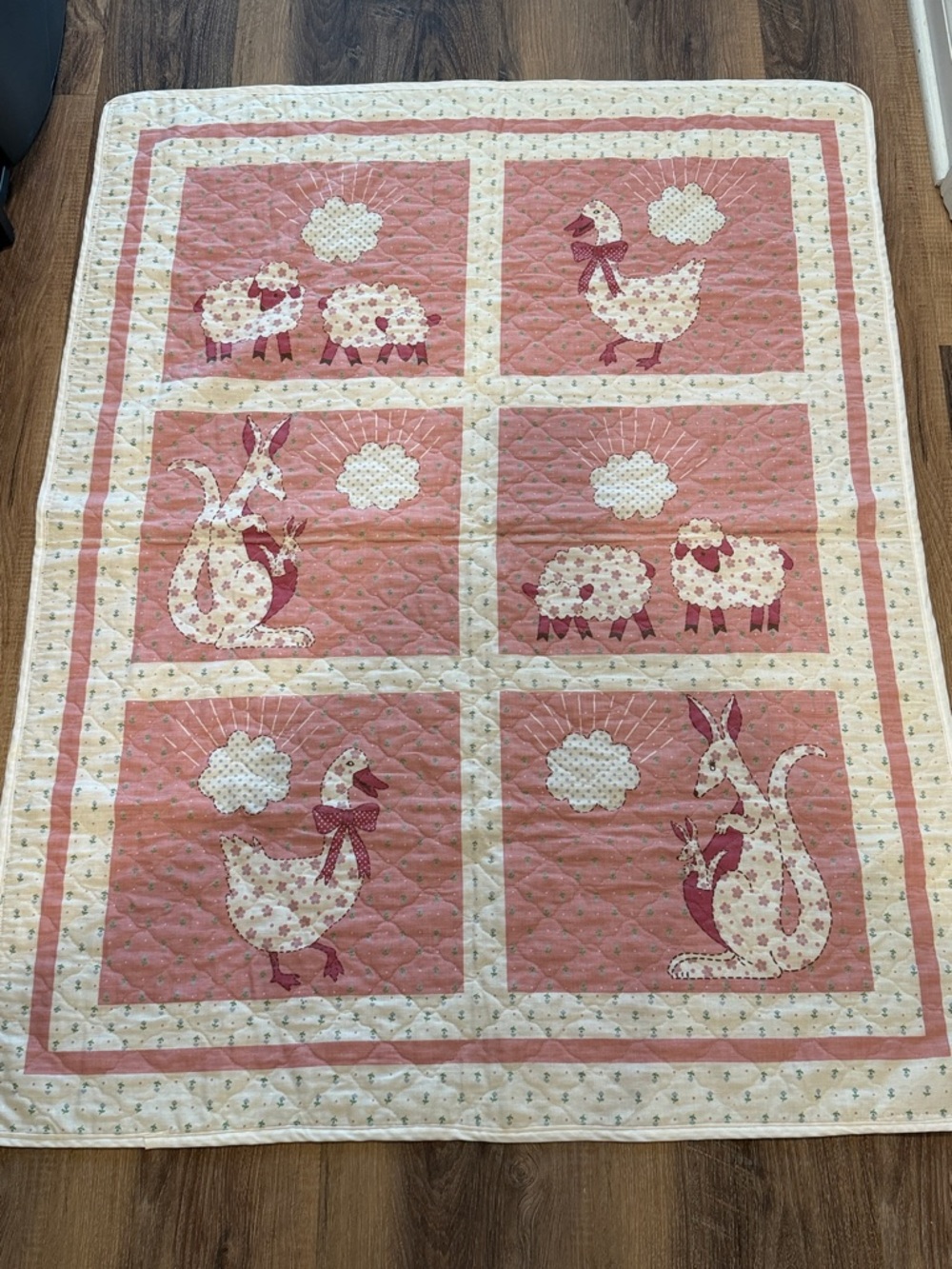 1985 Speigel Fabrics Baby Quilt Fabric Panel Crib Size Pink Kangaroo/Goose/Sheep